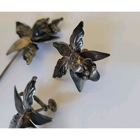 Taxco Mexico 925 Iris Flower Ornate Design Brooch Pin Screw Back Earrings Set - Picture 5 of 16